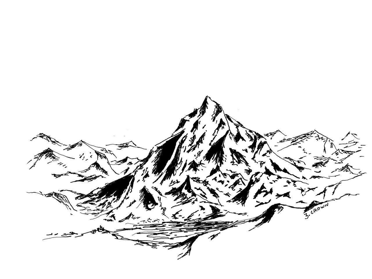 Prominent and pointed mountain peak with stark contrast highlighting its jagged folds. Smaller mountains surround it with a lake in front.